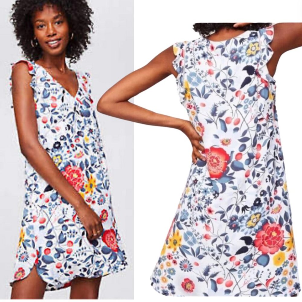 EUC LOFT Flowerbed Flutter Sleeve Floral White short sleeve Mini Dress, small
